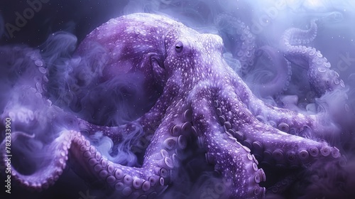   A tight shot of an octopus in a misty scene, illuminated by a radiant light at picture's center