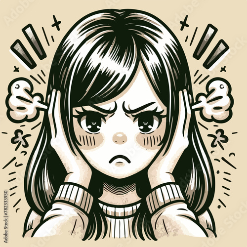 Vector woman covering ears with hand cartoon illustration