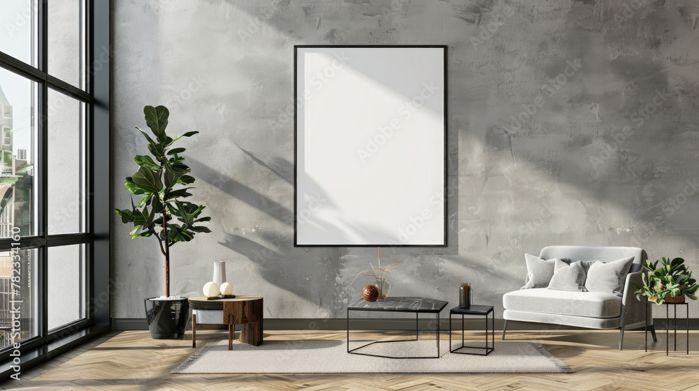 mockup poster on the living room wall. Interior mock-up. Apartment background. Modern interior design. 3D rendering mockup poster on the living room wall. Interior mock-up. Apartment background. Modern interior design. 3D rendering