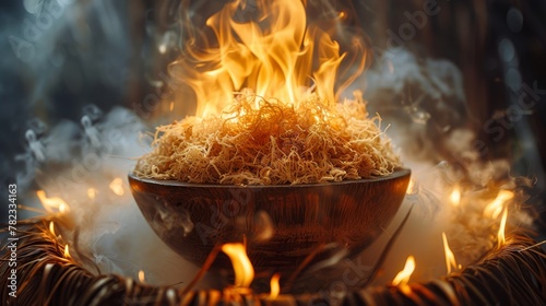  A bowl with food heated over an open flame, emitting fire from its top