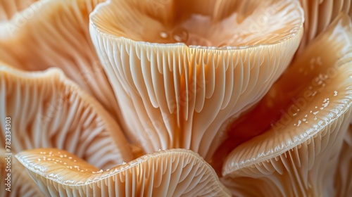 Amazing close-up of a group of mushrooms. The delicate and intricate gills of the mushrooms are clearly visible, as well as theç¬ çŠ¶çš„å½¢çŠ¶of the caps.