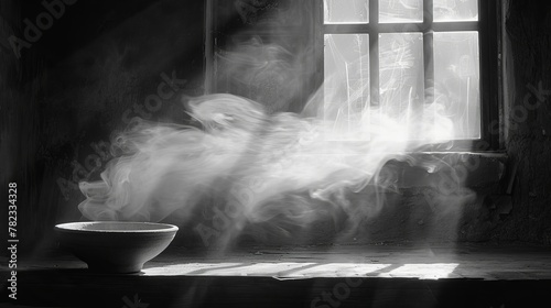  smoke escaping from a window, a bowl on the table nearby
