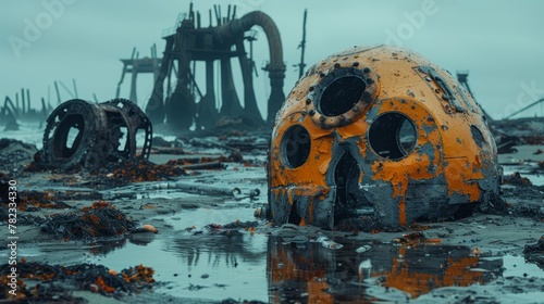   A yellow-black object sits atop a damp ground near a large structure, surrounded by water's expanse photo