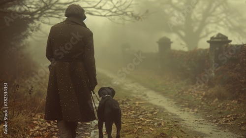   A person walks a dog along a woodland path in the fog, holding a leash