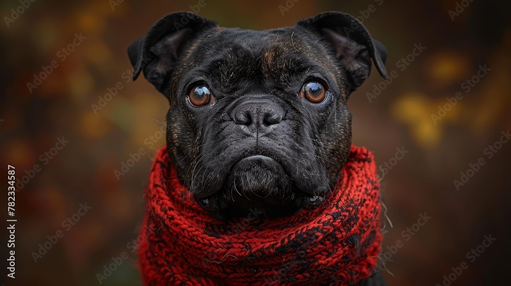   A serious-faced black dog wearing a red scarf is gazing at the camera