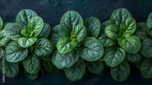  A collection of green, leafy plants against a dark backdrop, adorned with water droplets on their foliage and stems
