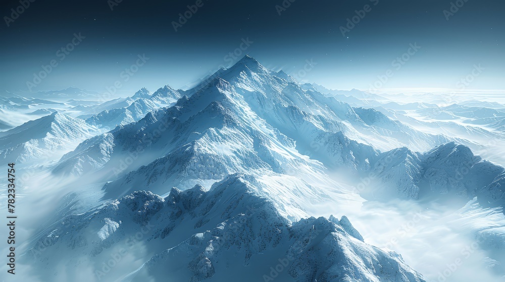 A panorama of a mountain peak under the moon's glow in the night sky A panorama of a mountain peak under the moon's glow in the night sky