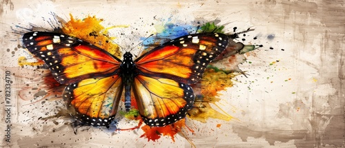  A yellow butterfly, depicted with black spots on its wings, is painted using watercolors photo