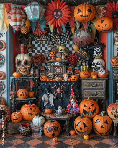 Eclectic Halloween Decorations Display with Pumpkins and Vintage Accessories in Cozy Room