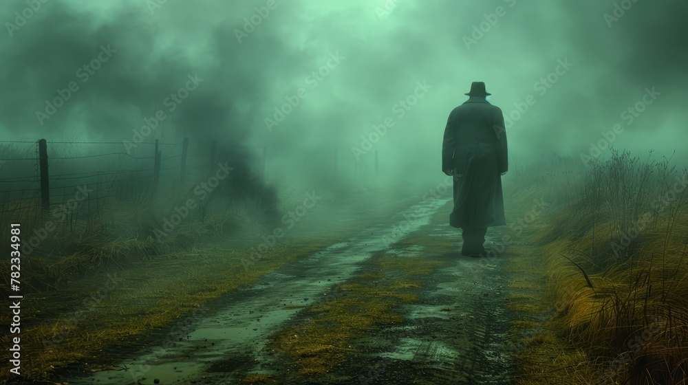 A man in a lengthy coat and hat traverses a dirt path through a foggy field A man in a lengthy coat and hat traverses a dirt path through a foggy field