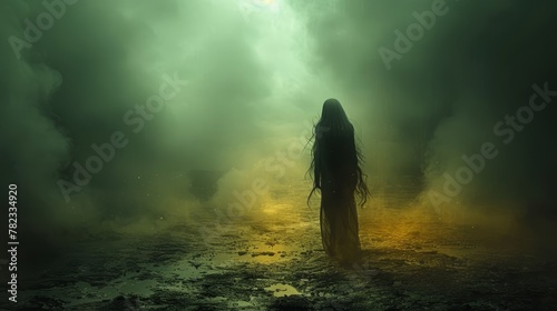  A woman in a lengthy dress stands facing away from the camera in a misty landscape, her hair billowing in the wind