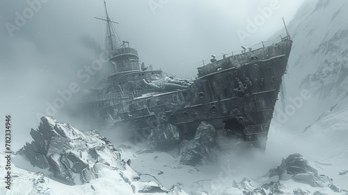  A large ship atop a mountain in foggy skies populates with individuals