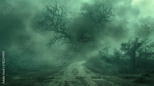 A dirt path, encircled by fog, cuts through a forest A colossal tree stands defiantly, its trunk bisecting the road