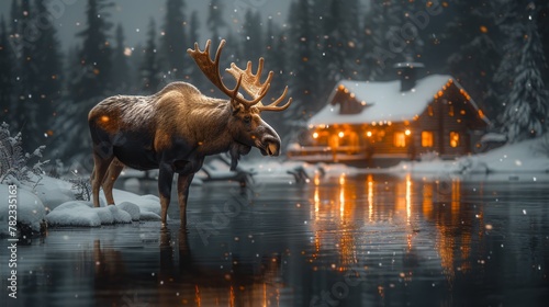  A moose stands in the snow by a body of water A cabin is situated on the opposite shore