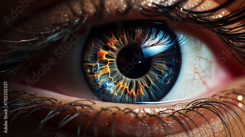 Extreme Close-up Shot of Human Eye Pupil or Iris with Blue Color and Orange Patterns like magical universe  © MedRocky