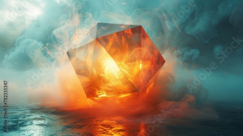   A crystal cube hovers above the water's surface, emitting copious amounts of smoke from its peak photo