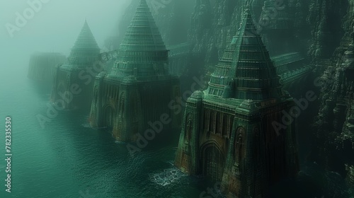  Towers cluster atop fog-veiled lake within forested cliff edge