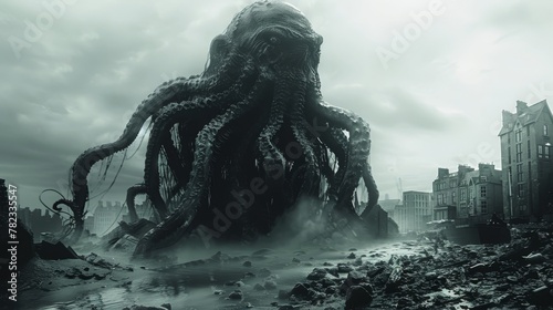   A giant octopus atop rocks, mid-city amid towering structures photo