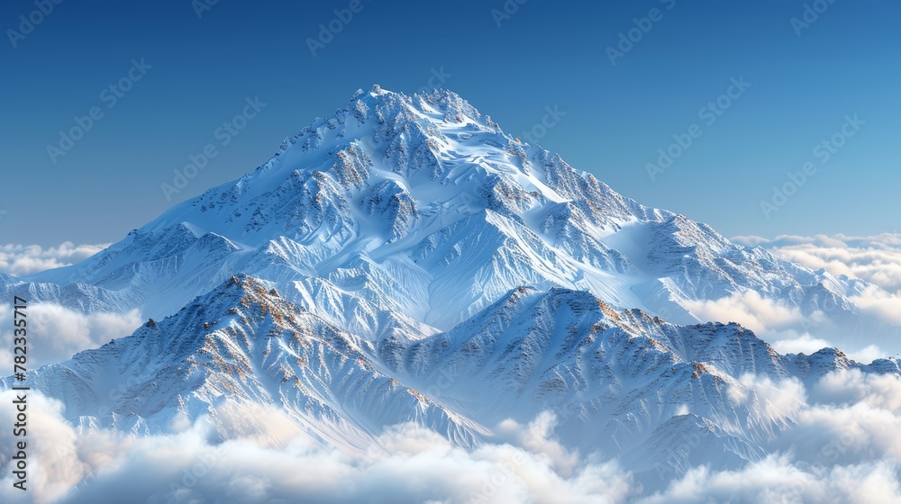   A snow-capped mountain amidst a blue sky, surrounded by white clouds