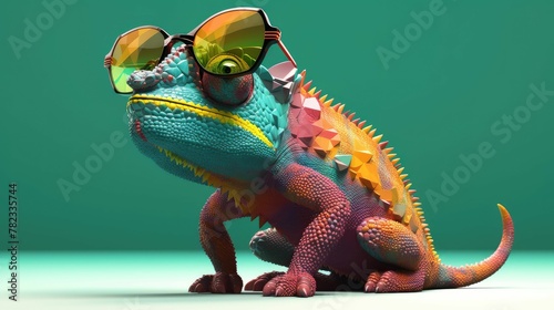 chameleon wearing sunglasses on a solid color background