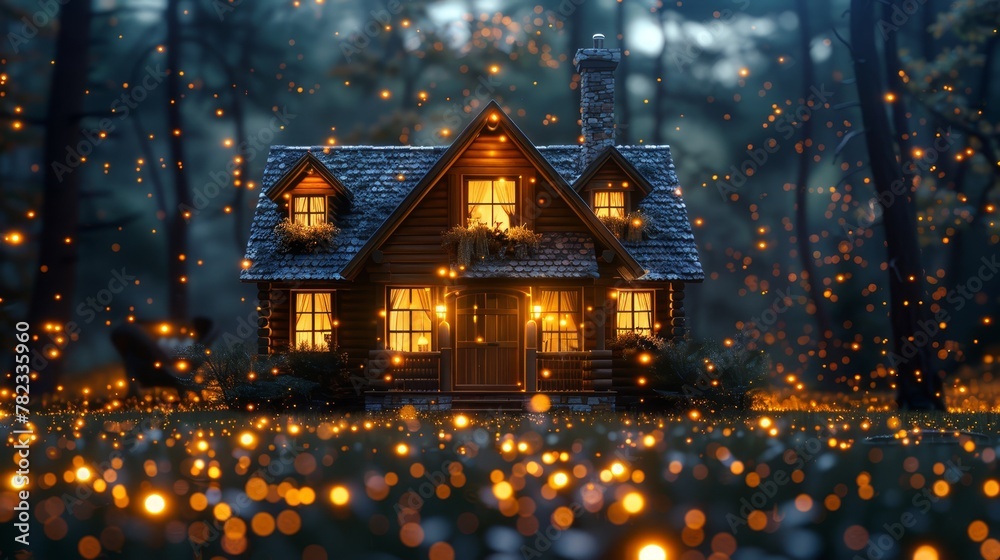 A house illuminated in the forest's heart, adorned with numerous external lights A house illuminated in the forest's heart, adorned with numerous external lights