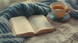 Cozy Afternoon Reading Time with Tea and Knitted Blanket