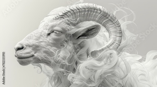   A monochrome image of a ram s head exhaling considerable smoke from its curved horns