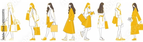 A line drawing depicts several women in various poses, all wearing yellow and white with long hair Generative AI