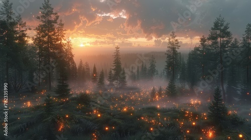   A forest teeming with numerous trees and fireflies flitting above at sunset