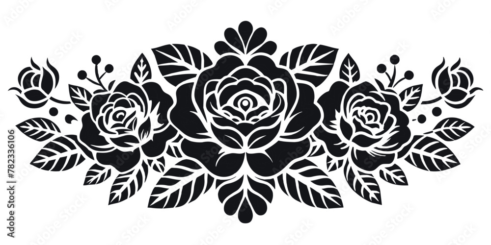 Retro old school roses for chicano tattoo outline. Monochrome line art, ink tattoo. Black and white rose flower in vector format with intricate floral botanical artwork. Nature-themed art