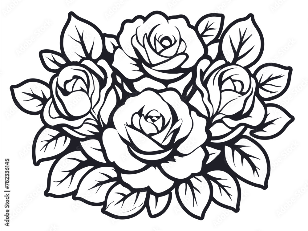 Fototapeta premium Retro old school roses for chicano tattoo outline. Monochrome line art, ink tattoo. Stylized vector illustration of a bouquet of roses in monochrome black and white