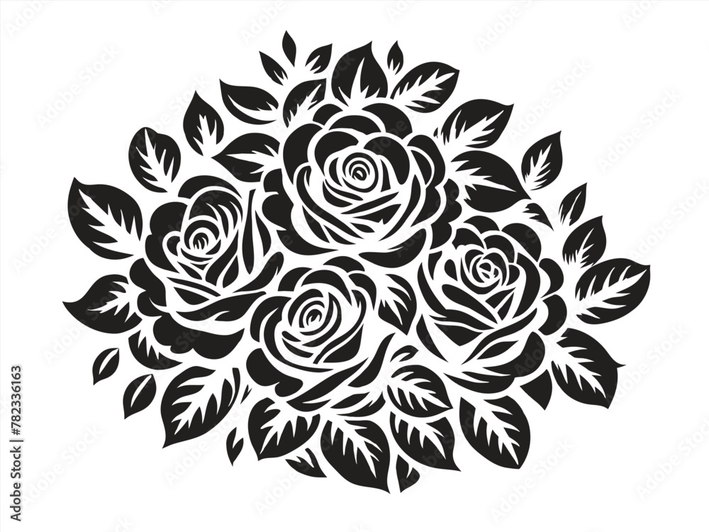 Retro old school roses for chicano tattoo outline. Monochrome line art, ink tattoo. Symmetrical silhouette illustration of a rose surrounded by foliage in monochrome