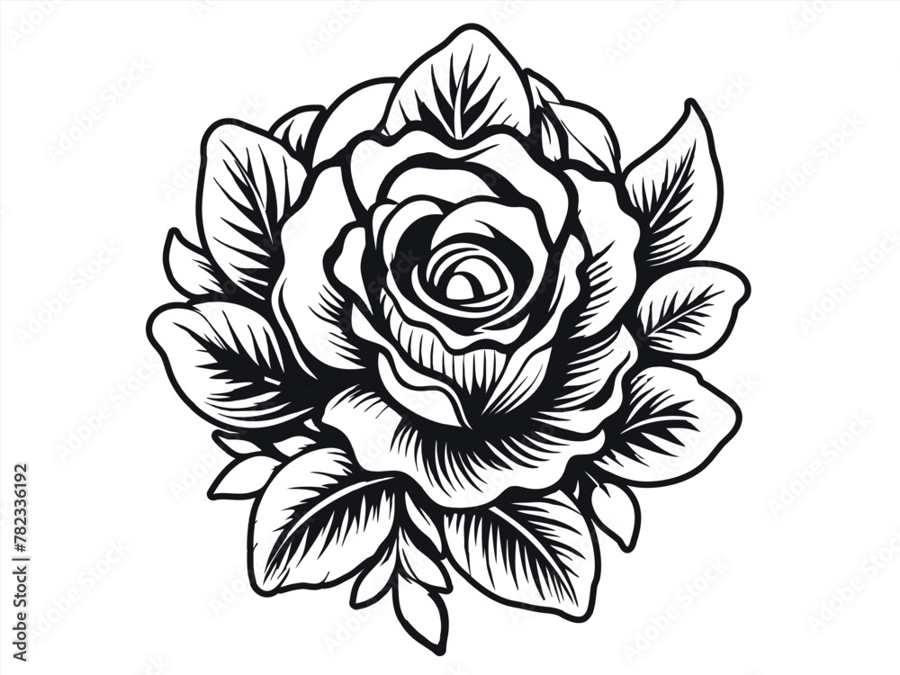 Retro old school roses for chicano tattoo outline. Monochrome line art, ink tattoo. Detailed vector illustration of a rose in a classic black and white style Retro old school roses for chicano tattoo outline. Monochrome line art, ink tattoo. Detailed vector illustration of a rose in a classic black and white style