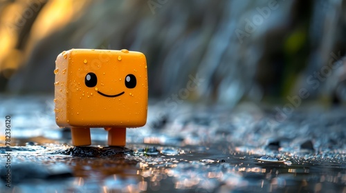  A toy with a smiling face is submerged in a puddle, while a waterfall forms in the background