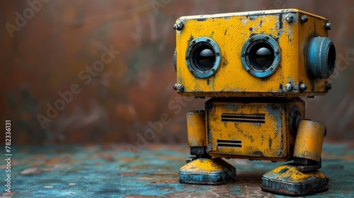  A yellow-and-black robot sits atop a blue and green floor Nearby, a rusted metal wall stands