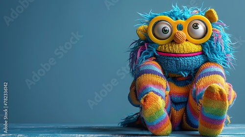   A colorful stuffed animal sits atop a wooden floor Nearby, a blue-green wall extends The animal dons glasses, roosting peacefully with its new accessory photo