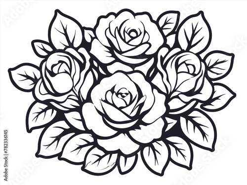 Retro old school roses for chicano tattoo outline. Monochrome line art  ink tattoo. Stylized vector illustration of a bouquet of roses in monochrome black and white