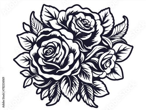 Retro old school roses for chicano tattoo outline. Monochrome line art, ink tattoo. Symmetrical silhouette illustration of a rose surrounded by foliage in monochrome