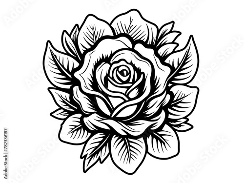 Retro old school roses for chicano tattoo outline. Monochrome line art, ink tattoo. Bold, graphic vector illustration of a rose in monochrome black and white
