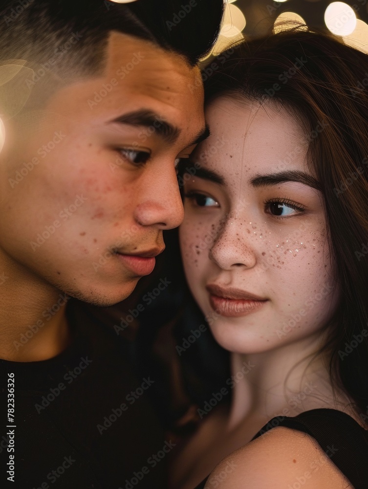 Young Asian Couple Sharing an Intimate Moment Under Ambient Lights