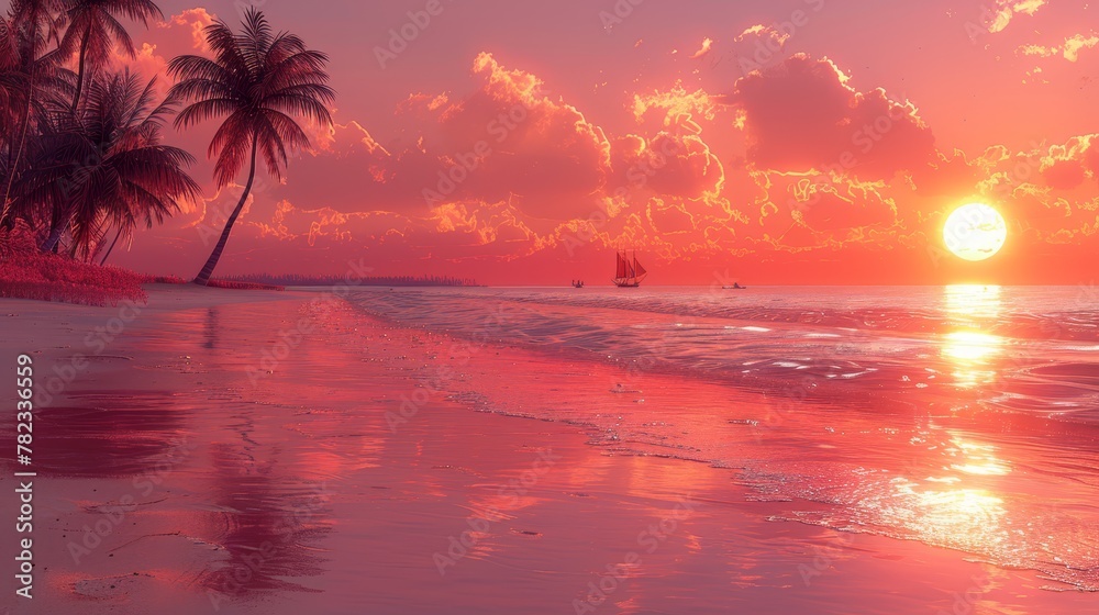   A tropical beach sunset with a sailboat in the foreground and one in the distance, both in the water, and palm trees in the foreground