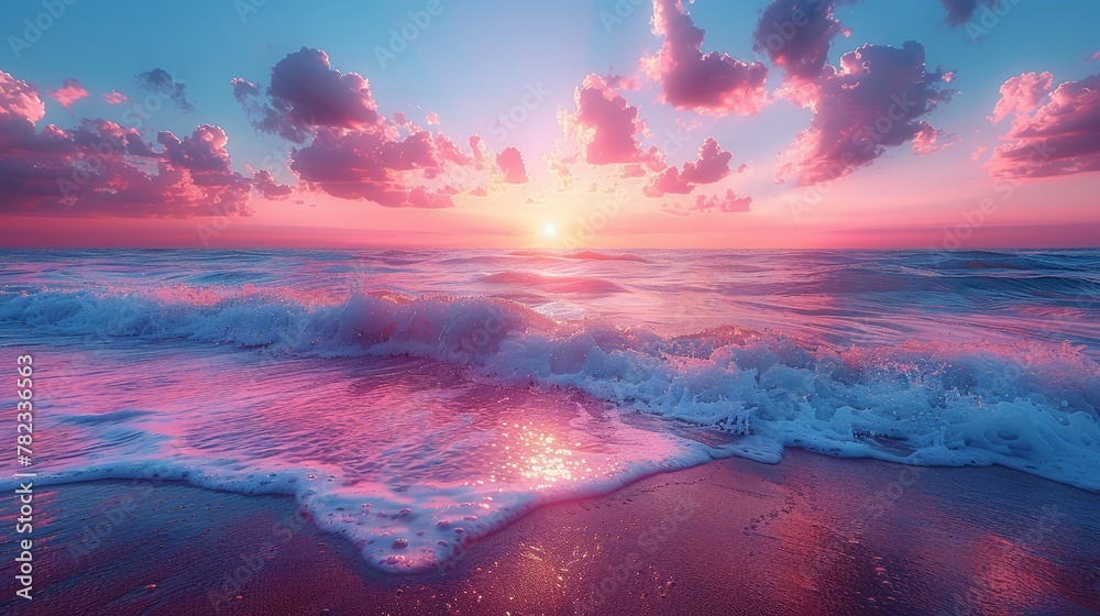   The sun sets over the pink-blue ocean, waves crashing shoreward