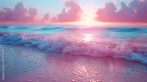   The sun sets over pink and blue ocean waters, foaming waves lapping at the sand #782336527