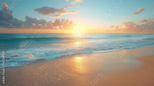  waves crash, beach meets sea; sky backdrop glows #782336545