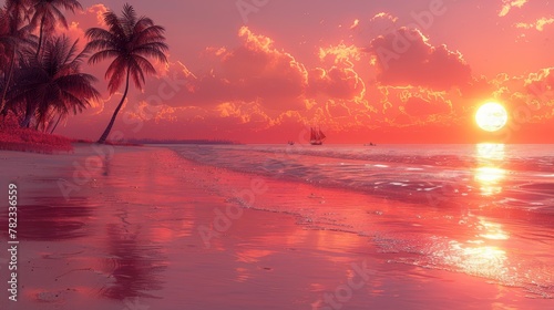  A tropical beach sunset with a sailboat in the foreground and one in the distance, both in the water, and palm trees in the foreground