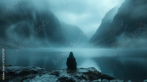  Person on rock amidst water, mountain range backs background