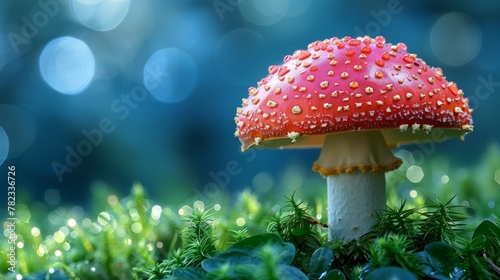  A tight shot of a red mushroom atop a blanket of green grass Background features a blue bokeh of soft, scattered light