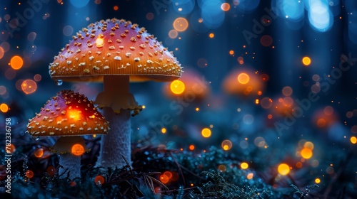  A couple of mushrooms atop a verdant field, adjacent to a forest teeming with numerous lights