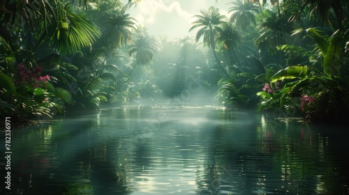   A tranquil body of water  encircled by an abundance of swaying palm trees and lush greenery  with a radiant beam of light piercing through its surface