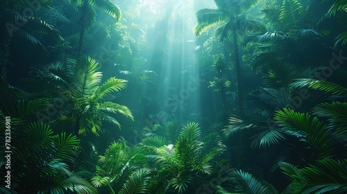  A forest teeming with numerous green plants beneath trees radiating light from their upper branches